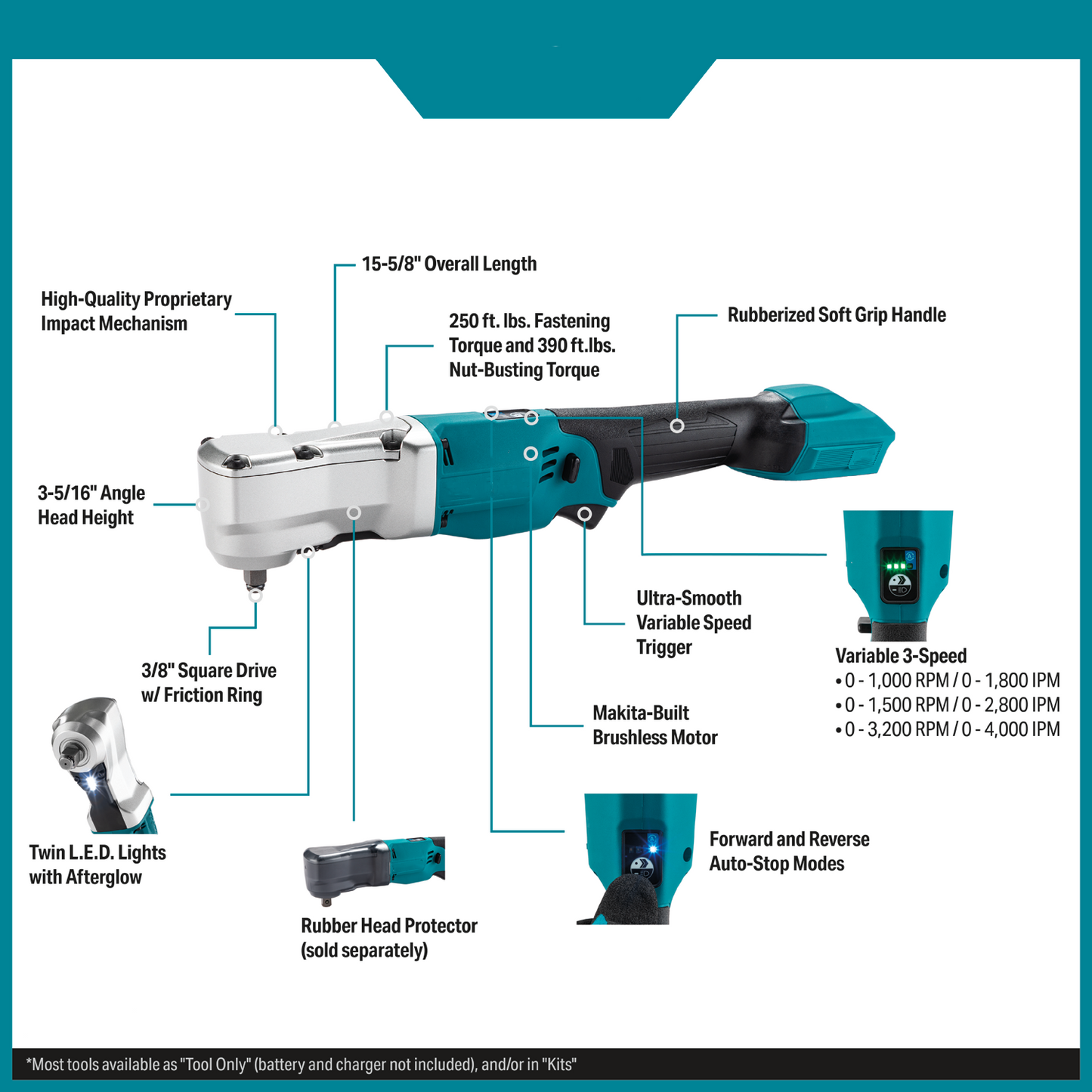 18V Brushless Right Angle Impact Wrench – 3/8" Square Drive, 250 ft. lbs. Fastening Torque