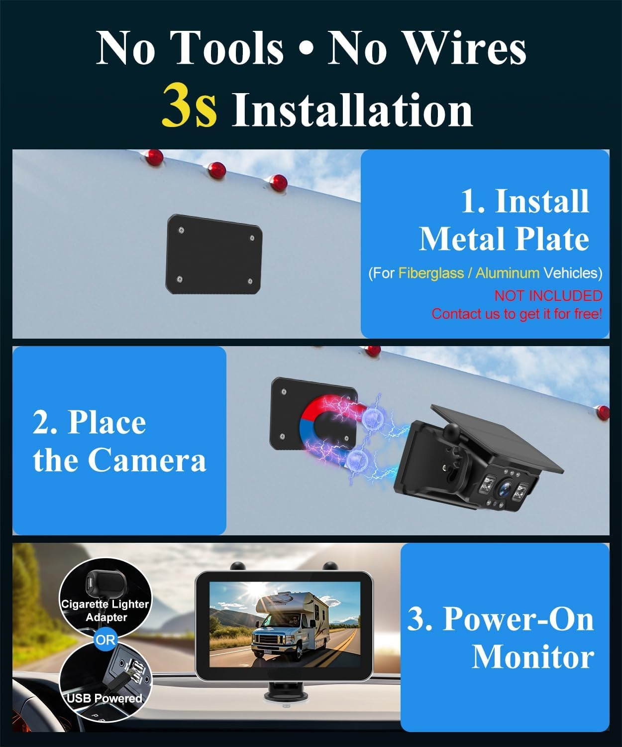 Wireless Solar Backup Camera – 7" HD Touchscreen, No Wiring Needed